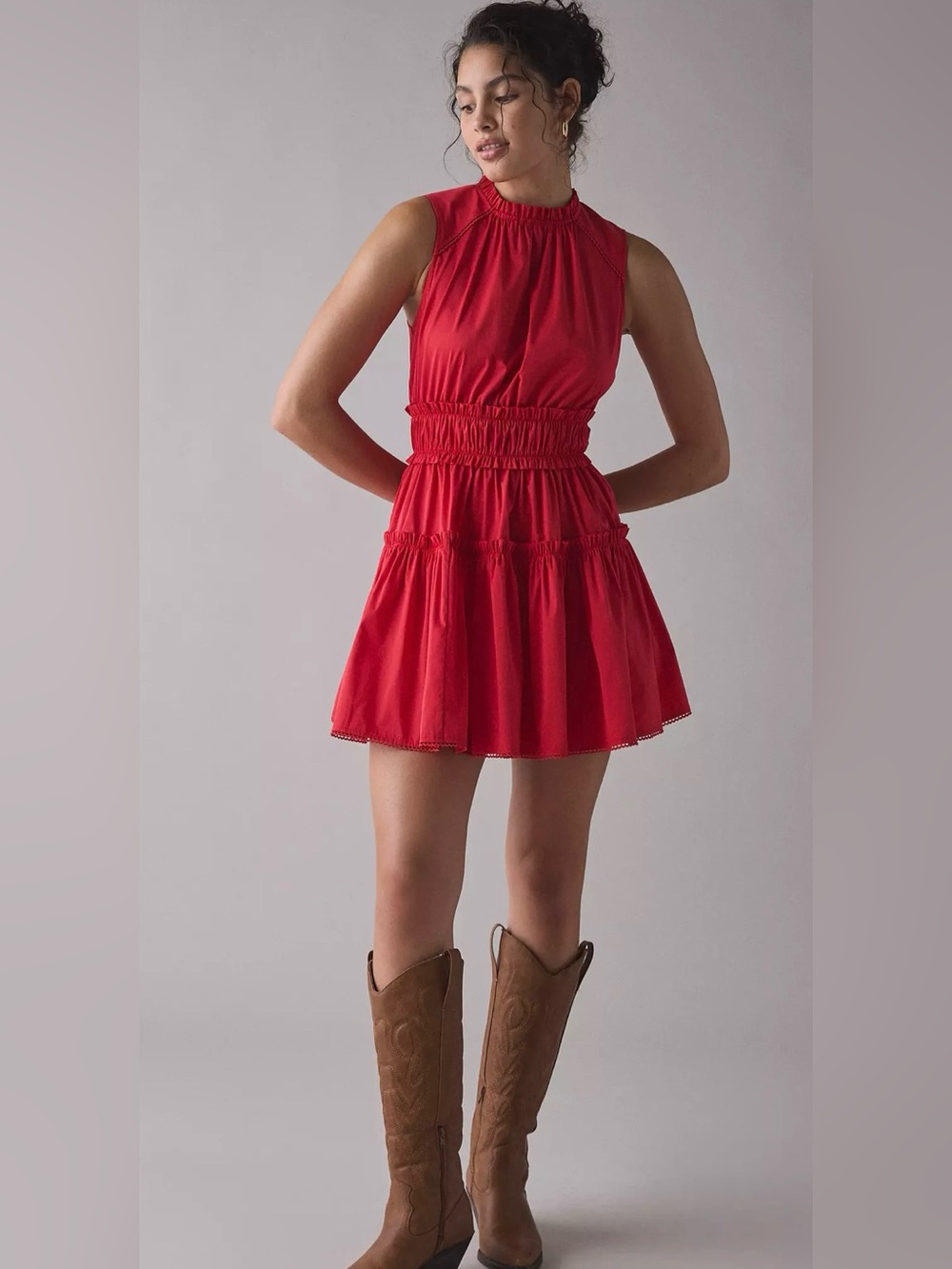 En Saison Red Smocked Waist Tiered Mini Dress